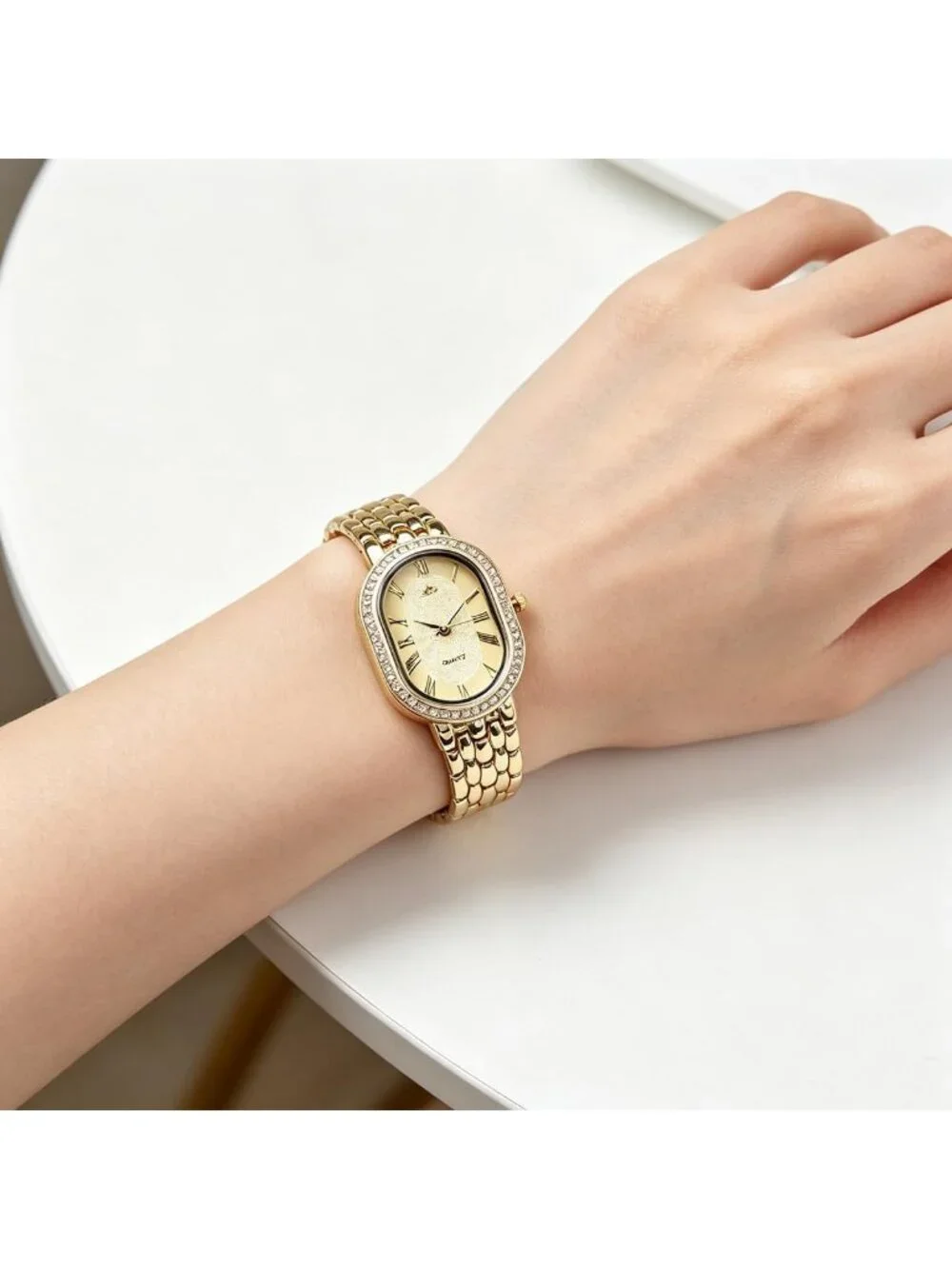 Women's Gold Oval Metal Rhinestones Case Adjustable Stainless Steel Watches